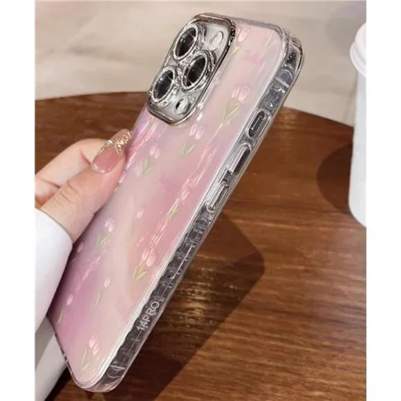 Iphone 16 16 Pro 16 Pro Max Cute Pink Tulip Floral Glitter Protective Cover - Picture 5 of 6
